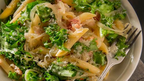 Penne with wilted escarole and crispy pancetta goes with a variety of wines from light and fresh to smoky and earthy. (Bill Hogan/Chicago Tribune/TNS)