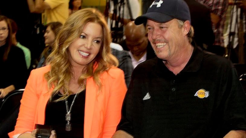 Jeanie and Jim Buss talk before the start of a news conference at the Toyota Sports Center in El Segundo, Calif., on August 10, 2012. (Anne Cusack/Los Angeles Times/TNS)
