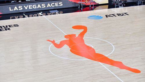 A general view of the WNBA logo is seen on the court before Game One of the Third Round playoff between the Las Vegas Aces and the Connecticut Sun at Feld Entertainment Center on September 20, 2020 in Palmetto, Florida. (Photo by Julio Aguilar/Getty Images/TNS)