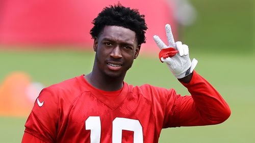 Atlanta Falcons first-round draft pick wide receiver Calvin Ridley finishes up a day of team practice on Tuesday, June 5, 2018, in Flowery Branch.