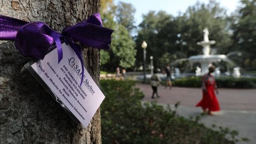 SAFE Shelter staff and volunteers tied purple ribbons around trees in Forsyth Park on Monday, October 2, 2023 in honor of domestic violence awareness month.