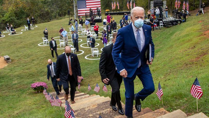 President-elect Joe Biden is followed by Secret Service Agents as he leaves a rally at Mountain Top Inn & Resort in Warm Springs, Tuesday, October 27, 2020. MANDATORY CREDIT: ALYSSA POINTER / THE ATLANTA JOURNAL-CONSTITUTION