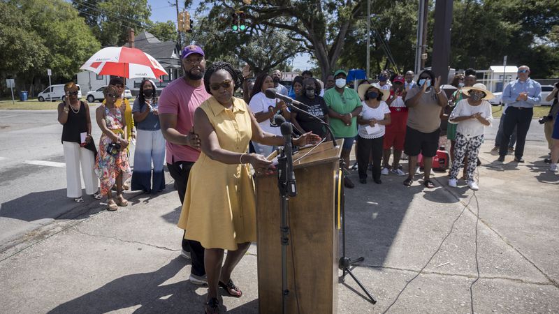 BRUNSWICK, GA - AUGUST, 9, 2022: Ahmaud Arbery's mother Wanda Cooper-Jones addresses supporters during an event in honor of her son who was chased down and killed during an afternoon jog in February 2020. (AJC Photo/Stephen B. Morton)