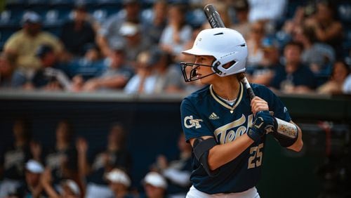 Georgia Tech catcher Emma Kauf hits against Wisconsin on Sunday in Gainesville, Fla. Tech lost 7-6 and was eliminated from the regional in the team's first NCAA Tournament appearance since 2012. (Georgia Tech Athletics)