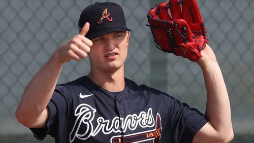 Braves pitcher Mike Soroka gives the thumbs up while working the mound during spring training Thursday, Feb. 13, 2020, in North Port, Fla.