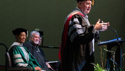 Sonny Perdue, chancellor of the University System of Georgia, speaks during the investiture ceremony for Georgia Gwinnett College President Jann L. Joseph, on Friday, April 1, 2022, in Lawrenceville. (Elijah Nouvelage/Special to the Atlanta Journal-Constitution)
