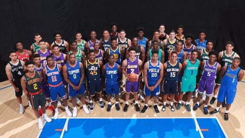 The NBA held a photo shoot for rookies on Friday. Hawks rookies Tyler Dorsey (front row, far left) and John Collins (third row, middle) wore the team's new uniforms produced by Nike. (Photo NBA Twitter)