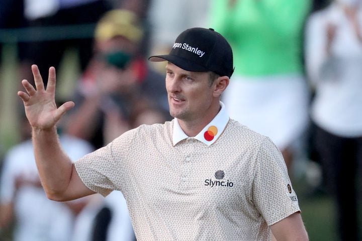 April 10, 2021, Augusta: Justin Rose reacts after making a par putt to finish his third round on the eighteenth green during the Masters at Augusta National Golf Club on Saturday, April 10, 2021, in Augusta. Curtis Compton/ccompton@ajc.com