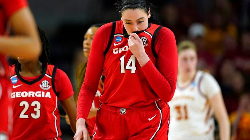 Georgia center Jenna Staiti walks upcourt during the second half of a second-round game against Iowa State in the NCAA Tournament. Iowa State won 67-44, ending Staiti's UGA career. (AP Photo/Charlie Neibergall)