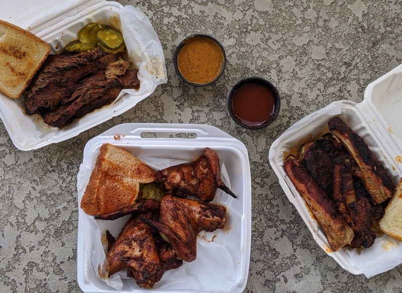 Brisket, whole wings and ribs from Lake & Oak BBQ.