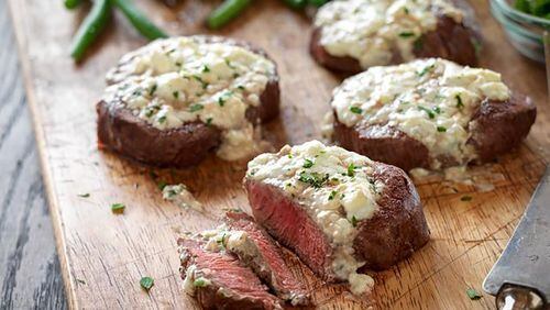 Sunday’s Beef Tenderloin Steaks are topped with a blue cheese mixture. Contributed by Cattlemen’s Beef Board