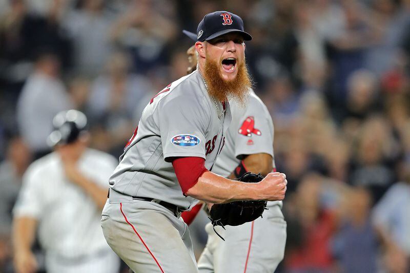 NEW YORK, NEW YORK - OCTOBER 09:  Craig Kimbrel #46 of the Boston Red Sox celebrates after beating the New York Yankees to win Game Four American League Division Series at Yankee Stadium on October 09, 2018 in the Bronx borough of New York City. (Photo by Elsa/Getty Images)