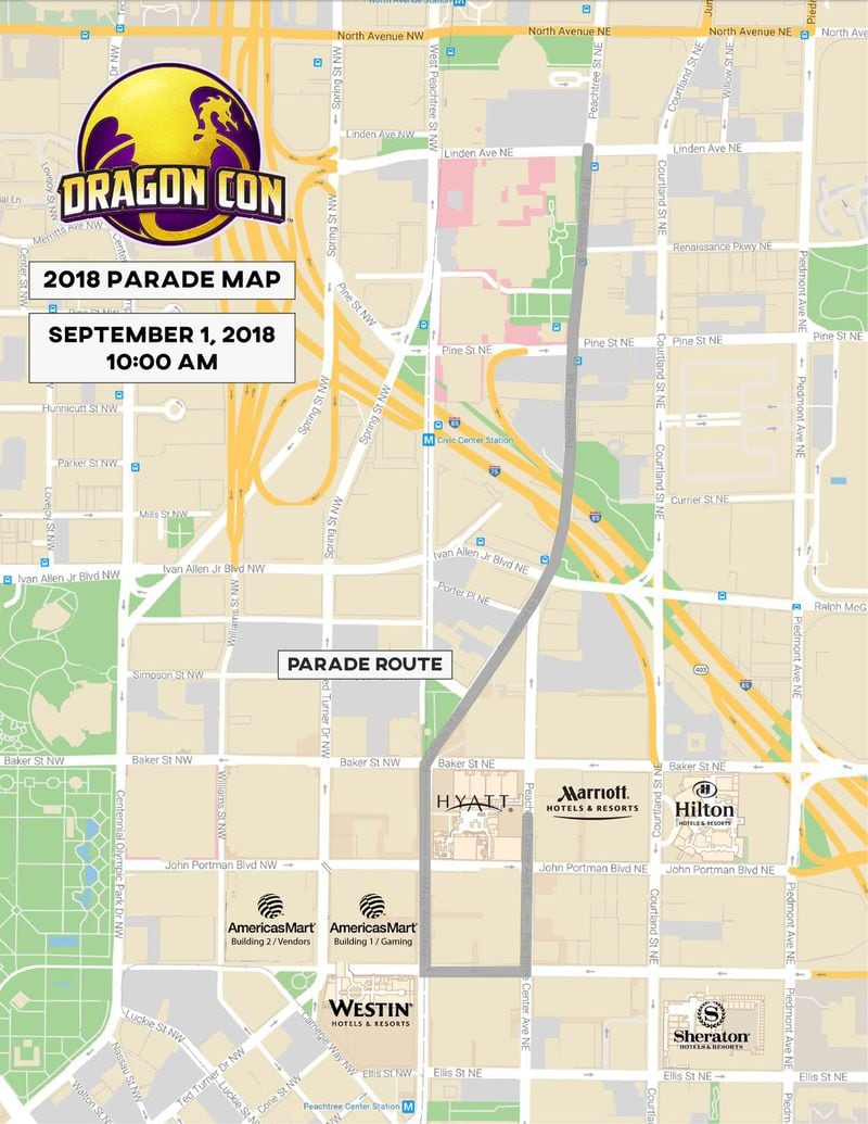 Here is the parade route for the Dragon Con Parade, which begins at 10 a.m. Saturday, Sept. 1. From Linden Avenue, the parade travels south on Peachtree Street, east on Andrew Young International Boulevard and north on Peachtree Center Avenue, ending in front of the Atlanta Marriott Marquis. CONTRIBUTED BY DRAGON CON