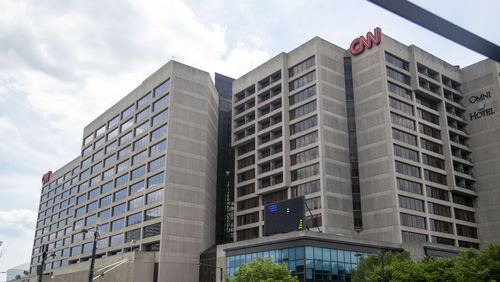 The exterior of the CNN Center building in Atlanta on Monday, May 17, 2021. (Alyssa Pointer / Alyssa.Pointer@ajc.com)
