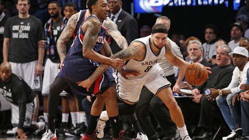Atlanta Hawks guard Jeff Teague (0) defends Brooklyn Nets guard Deron Williams (8) in the second half of Game 4 of a first round NBA playoff basketball game, Monday, April 27, 2015, in New York. (AP Photo/Kathy Willens) Brooklyn's Deron Williams had struggled in this series until scoring 35 points on Monday. (AP photo)