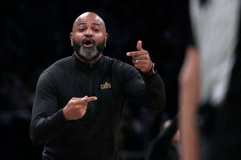 Cleveland Cavaliers coach J.B. Bickerstaff calls to officials during the first half of Game 1 of the team's NBA basketball second-round playoff series against the Boston Celtics, Tuesday, May 7, 2024, in Boston. (AP Photo/Charles Krupa)