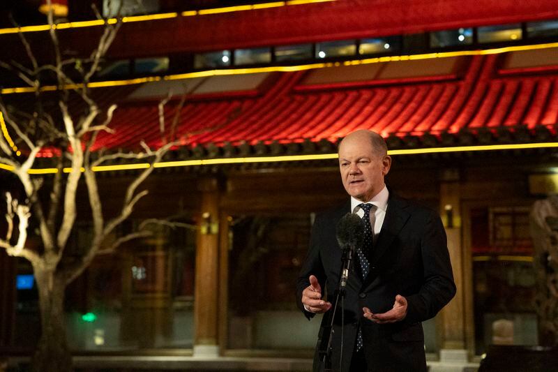 German Chancellor Olaf Scholz speaks during a press conference in Beijing, China, Tuesday, April 16, 2024. German Chancellor Olaf Scholz is on a 3 day visit to China. (Andres Martinez Casares, Pool Photo via AP)