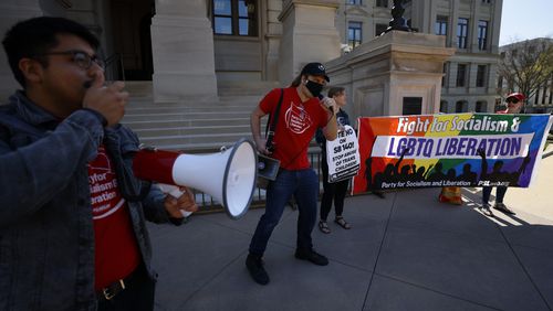 LGBTQ activists protest March 6, 2023, outside the Georgia Capitol against SB 140. (Miguel Martinez /miguel.martinezjimenez@ajc.com)