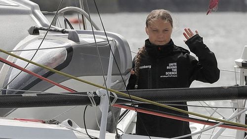 Climate change activist Greta Thunberg sets sail for New York in the 60 foot Malizia II yacht from Mayflower Marina on August 14, 2019, in Plymouth, England. Thunberg is attending the UN Climate Action Summit and wanted to travel emission free.