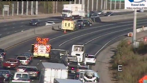 All lanes were temporarily blocked on I-285 in DeKalb County near Flat Shoals Road. A crash was moved from the left lanes shortly after 4 p.m. (Credit: WSB 24-hour Traffic Center)