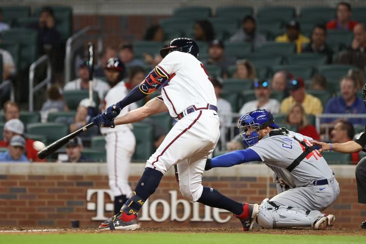 Atlanta Braves shortstop Dansby Swanson's (7) RBI double run tied the game 3-3 in the bottom of the 8th inning at Truist Park on Wednesday, April 27, 2022. Miguel Martinez / miguel.martinezjimenez@ajc.com 