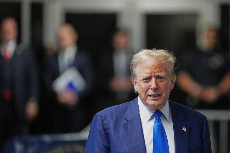 Former President Donald Trump speaks to media as he returns to his trial at the Manhattan Crtiminal Court, Friday, May 3, 2024, in New York. (Curtis Means/Pool Photo via AP)