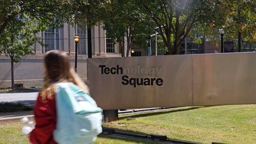 A student walks past a Tech Square sign located at the corner of 5th Street and West Peachtree Street on the campus of Georgia Tech on Thursday, October 20, 2022. (Natrice Miller/natrice.miller@ajc.com)  


