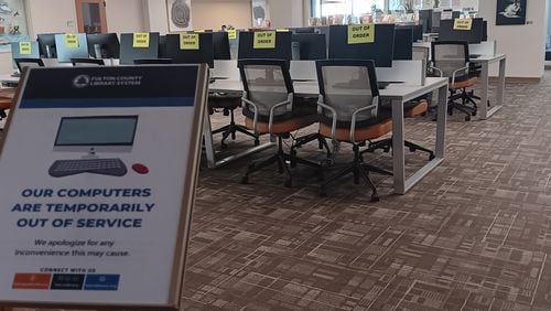 The public computer terminals at the Sandy Springs branch and all other Fulton County libraries remained down Tuesday, Jan. 30, 2024, following a weekend cyberattack that crippled many county computer systems and closed several offices.
