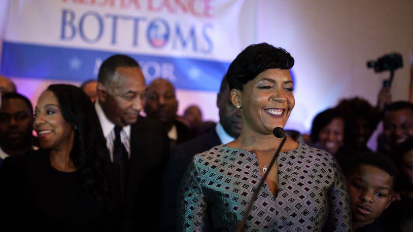 Atlanta mayoral candidate Keisha Lance Bottoms delivers her victory speech to supporters during a runoff election night party at the Hyatt Regency Hotel, Tuesday, Dec. 5, 2017, in Atlanta.  BRANDEN CAMP/SPECIAL