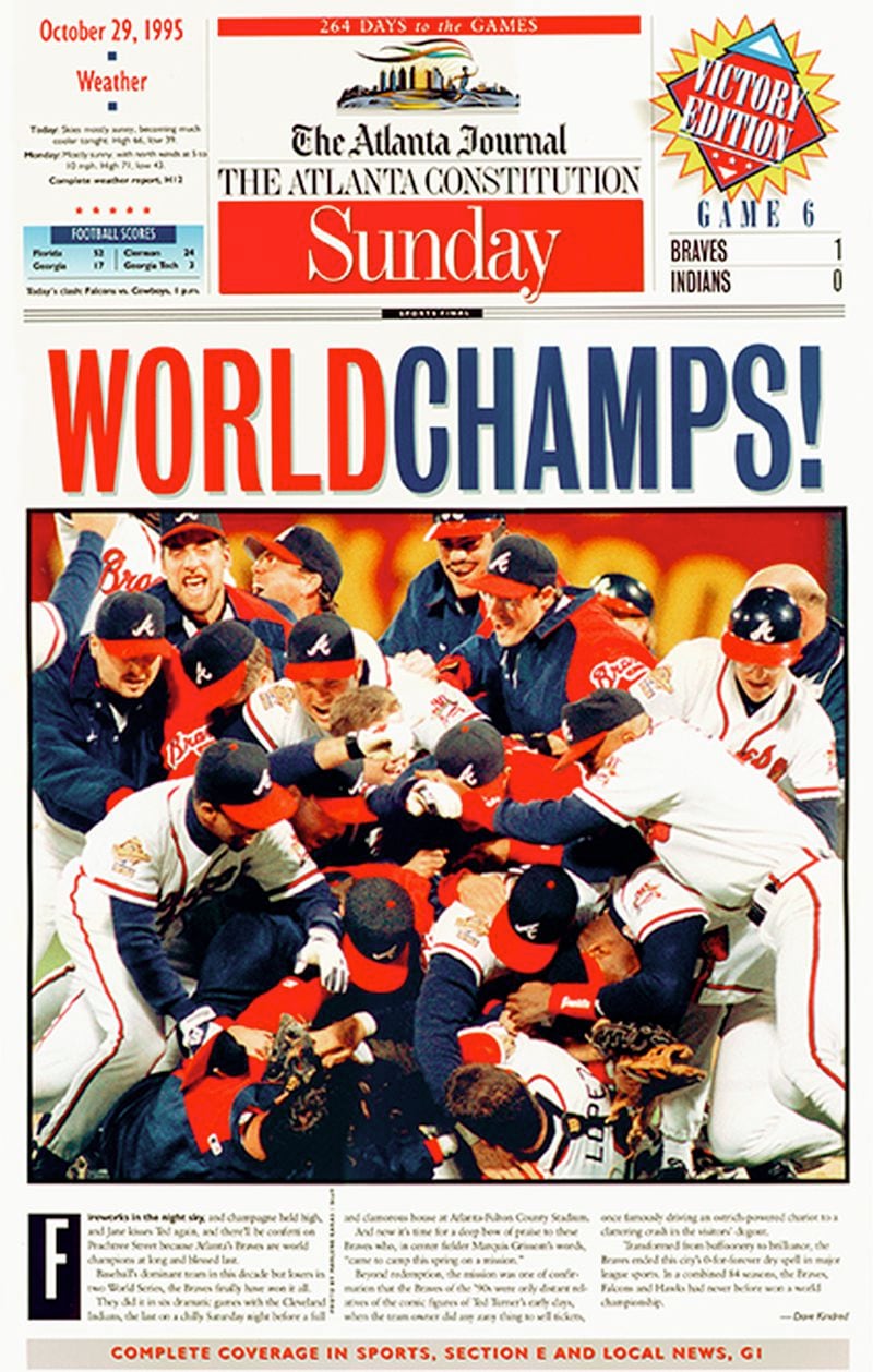 Atlanta Journal-Constitution front page following Braves' World Series championship.
