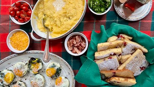 Slow Cooker Grits Bar (top), Buttermilk Cranberry Sheet Pan Pancake (right) and Shirred Eggs in Muffin Cups (bottom left) make for an easy and inexpensive holiday brunch. Virginia Willis for The Atlanta Journal-Constitution