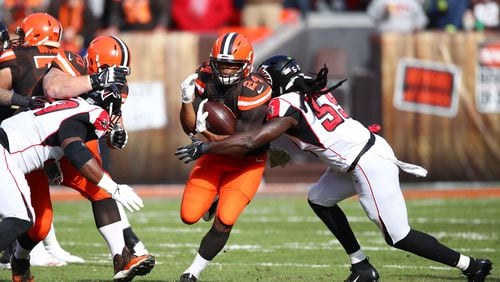Falcons’ De'Vondre Campbell wraps up Browns running back Nick Chubb during the first quarter Sunday, Nov. 11, 2018, at FirstEnergy Stadium in Cleveland.