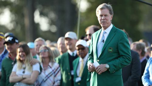 Augusta National Golf Club Chairman Fred Ridley speaks to the patrons before the start of the 2019 Masters Thursday, April 11, 2019, at Augusta National Golf Club in Augusta.