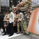 The casket of Rico Wade is carried out following his funeral service at Ebenezer Baptist Church on Friday, April 26, 2024. Rico Wade, an architect of Southern Hip Hop and one-third of the Grammy-nominated, multi-platinum-selling legendary production team Organized Noize and the de facto leader of The Dungeon Family, will be eulogized privately and by invitation only for family and friends on Friday, April 26, 2024. (Hyosub Shin / AJC)