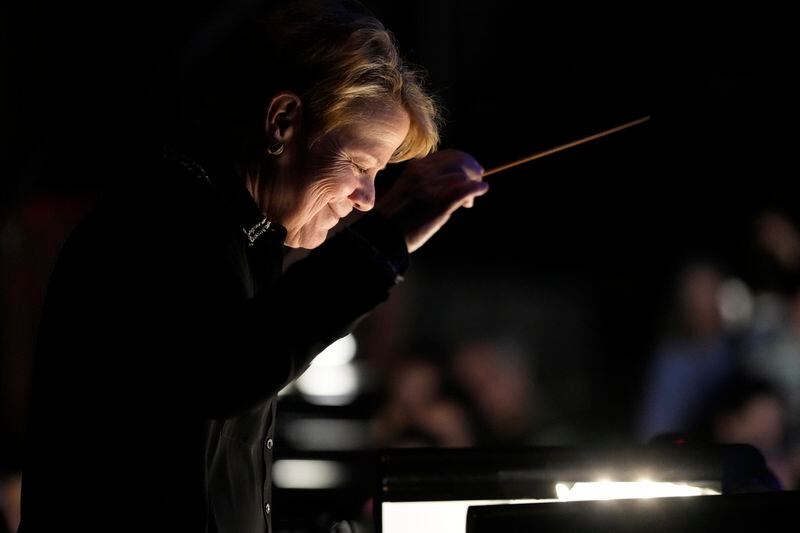 Conductor Marin Alsop rehearses for the Metropolitan Opera's production of "El Nino," on Wednesday, April 17, 2024, in New York. “El Nino” opens April 23. (Photo by Charles Sykes/Invision/AP)