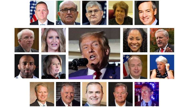 Former President Donald Trump (center) was indicted last year by a Fulton County grand jury on multiple felony charges. Also indicted at the time were (top row) former Trump campaign official Mike Roman, former Trump personal attorney Rudy Giuliani, former chairman of the Georgia Republican Party David Shafer, former elections supervisor for Coffee County Misty Hampton, former Trump campaign attorney Kenneth Chesebro, (2nd row) former Trump campaign attorney John Eastman, Trump campaign-affiliated attorney Jenna Ellis, former publicist for rapper Kanye West Trevian Kutti, former White House chief of staff Mark Meadows, (third row) former director of Black Voices for Trump Harrison Floyd, former Trump campaign attorney Sidney Powell, former senior Department of Justice official Jeffrey Clark, Republican elector Cathy Latham, (fourth row) Atlanta lawyer Ray Smith III, Alpharetta lawyer Bob Cheeley, state Sen. Shawn Still, Atlanta bail bondsman Scott Hall and Stephen Cliffgard Lee, a police chaplain from Illinois.
