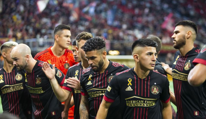 The Atlanta United starting lineup gets ready to take the field before the match. CHRISTINA MATACOTTA FOR THE ATLANTA JOURNAL-CONSTITUTION.