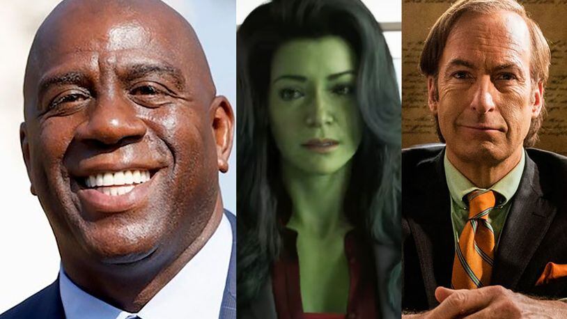 Hulu has a documentary about the 1990s Los Angeles Lakers including Magic Johnson, Disney+ has a new series "She-Hulk" and AMC says goodbye to "Better Call Saul." AP/PUBLICITY PHOTOS