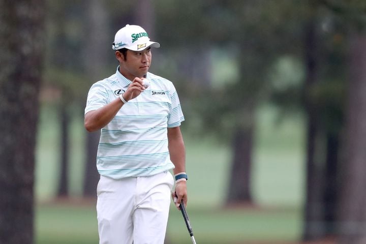 April 10, 2021, Augusta: Hideki Matsuyama reacts after making an eagle on the fifteenth hole during the third round of the Masters at Augusta National Golf Club on Saturday, April 10, 2021, in Augusta. Curtis Compton/ccompton@ajc.com