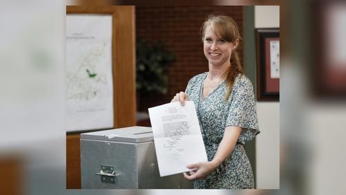 August 29, 2019, 2019 - Chattahoochee Hills - Dana Wicher with a sample ballot of the type used in their city elections, along with their ballot box.  She is the city clerk and is in charge of elections in Chattahoochee Hills, a city that formed in 2007 and uses paper ballots as a cost-saving measure.  Bob Andres / robert.andres@ajc.com