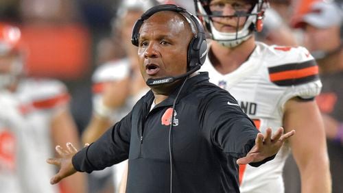 FILE - Cleveland Browns head coach Hue Jackson watches during the second half of an NFL preseason football game against the Philadelphia Eagles, Aug. 23, 2018, in Cleveland. The Cleveland Browns have called suggestions by former coach Hue Jackson, who went 1-31 in a two-year span, that he was paid to lose games as “completely fabricated.” Jackson, who is now coaching at Grambling, made several posts on Twitter inferring that he received bonus payments from Browns owner Jimmy Haslam during his two-plus seasons with the team.(AP Photo/David Richard, File)