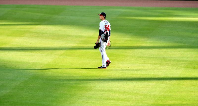 Braves starting pitcher Max Fried (54) walks to bullpen area before their home game against the Toronto Blue Jays Tuesday, Aug. 4, 2020, at Truist Park. 
