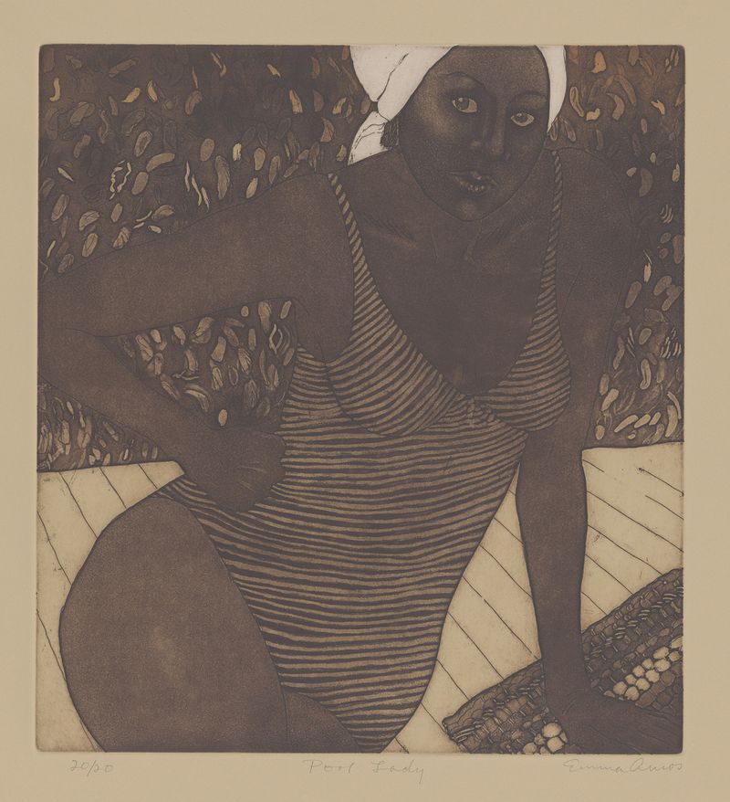 At the start of her career, Emma Amos, focused on etchings and she continued to make them even after her work turned more to works on canvas. This 1980 etching, “Pool Lady,” is part of the retrospective, "Emma Amos: Color Odyssey," which opened at the Georgia Museum of Art on Jan. 30,