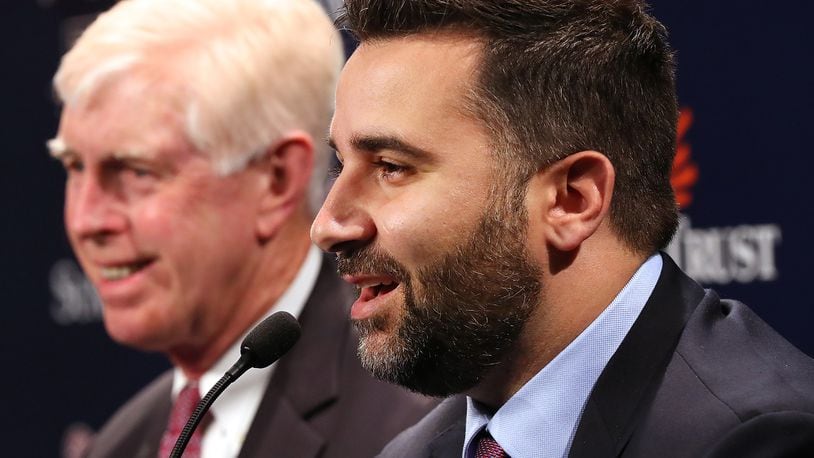 Braves chairman and CEO Terry McGuirk (left) gave a lot of power and leeway to Alex Anthopoulos as general manager and vice president, and Anthopoulos is shaping a front office similar to the forward-thinking group he was part of with the Dodgers. (Curtis Compton/ccompton@ajc.com)