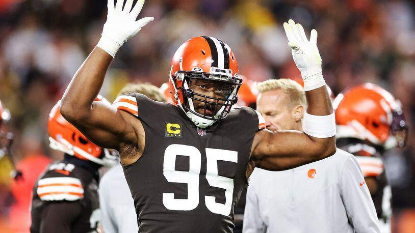 Myles Garrett of the Cleveland Browns reacts during the fourth quarter against the Pittsburgh Steelers at FirstEnergy Stadium on Sept. 22, 2022, in Cleveland, Ohio. (Gregory Shamus/Getty Images/TNS)
