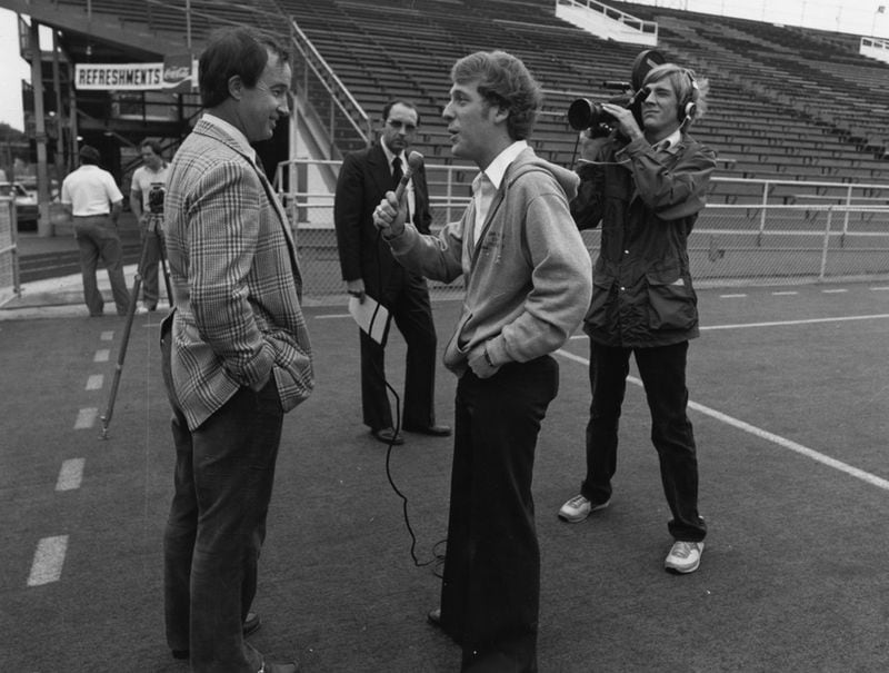 Pepper Rodgers gives an on-field interview in 1979. Longtime Atlanta sports anchor Bill Hartman said of Rogers, "He was a lot of fun to be around." (Georgia Tech Archives)