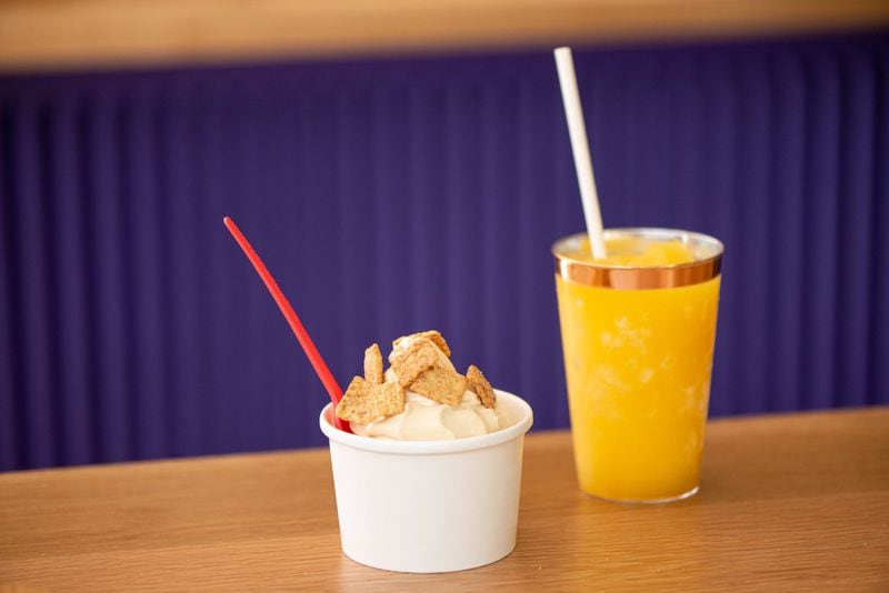 Miso Caramel Soft Serve with topping and Sugar and Spice slushy with habanero vodka and passion fruit. Photo credit- Mia Yakel.