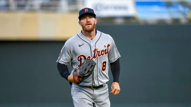 Former Tigers outfielder Robbie Grossman flew to Atlanta and arrived Tuesday morning. As of Tuesday afternoon, when he entered his new clubhouse, he still was trying to figure out his living situation and how to ship his belongings from Detroit. (AP Photo/Craig Lassig)