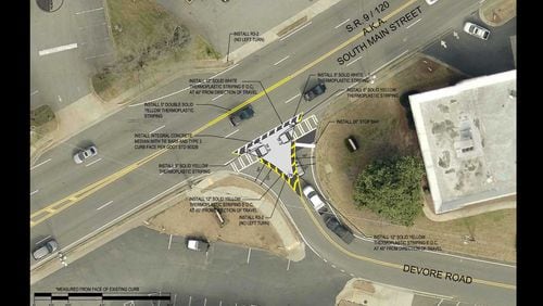Alpharetta will install a concrete median at the intersection of Highway 9 and Devore Road, which will prevent drivers from making left turns.