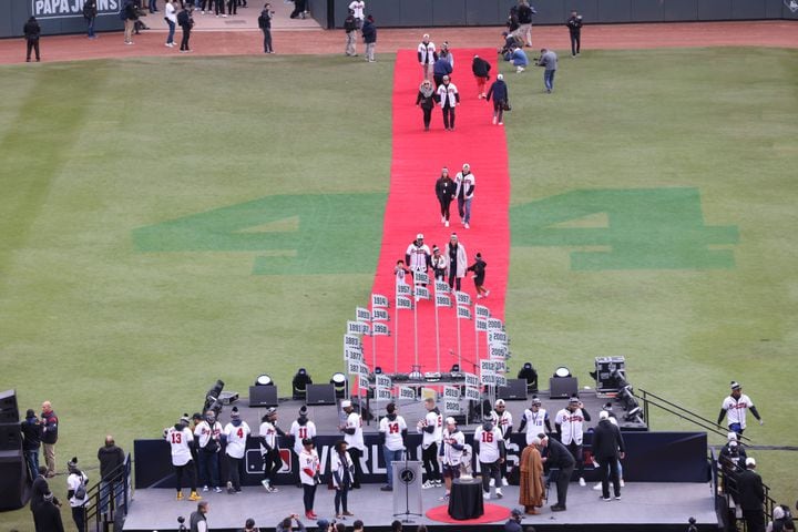 The ceremony began with the players marching down the red carpet, where the entire team celebrated the 2021 World Series Championship with their fans at Truist Park on Friday, November 5, 2021.
Miguel Martinez for The Atlanta Journal-Constitution